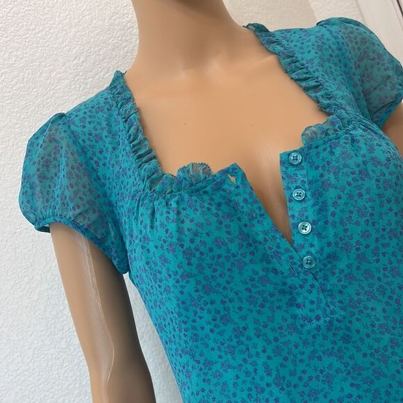 Crew clothing Size 6 Floral Square Lace Neck Short Sleeve Button Ruffle Lined - Picture 3 of 10